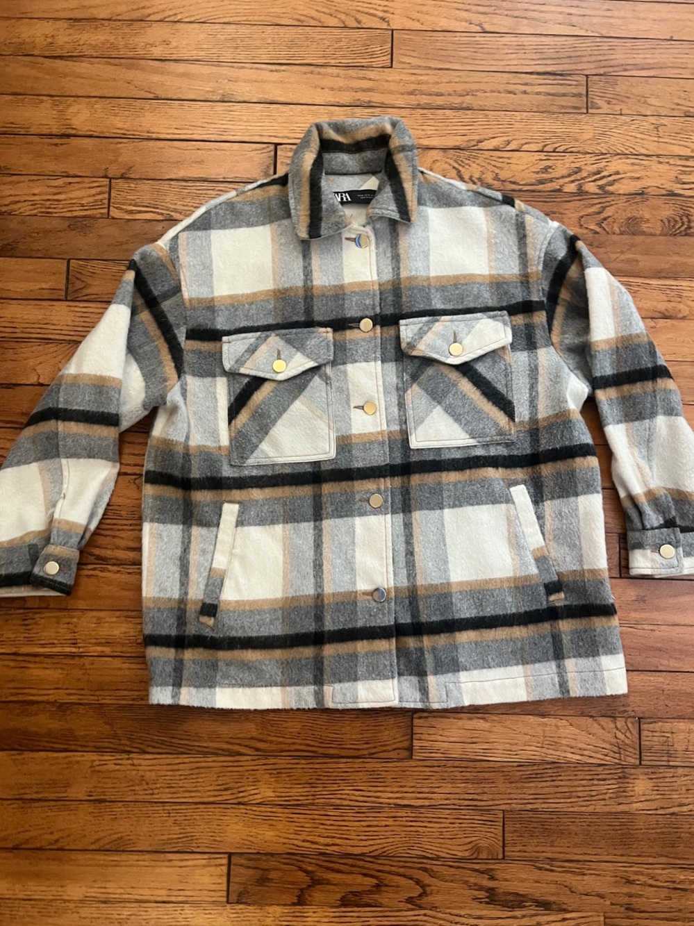 Zara Plaid Shacket - White, Gray & Brown Tones